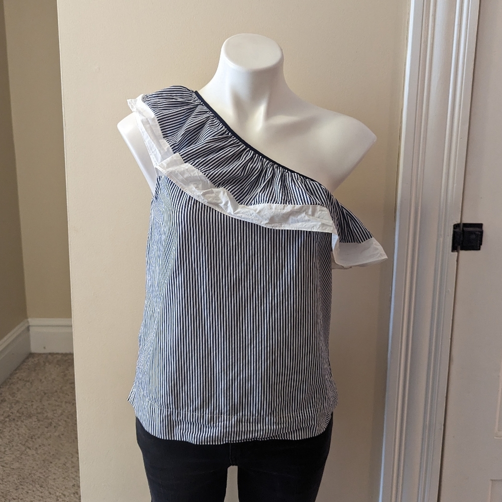 J. Crew navy blue and white striped one should ruffle tops size 4